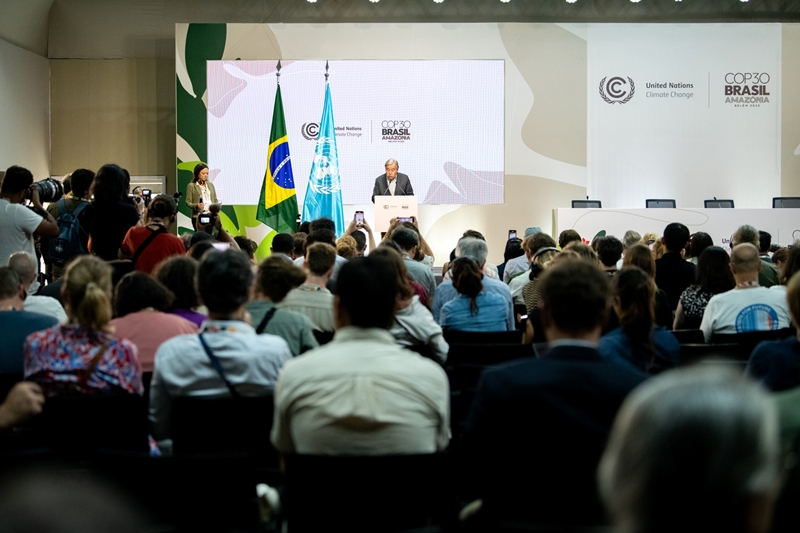 WWF는 우리나라 정부가 지난해 12월 제출한 ‘2035 국가 온실가스 감축목표(NDC3.0)’에 대해 WWF의 글로벌 분석 체크리스트인 ‘NDCs We Want’를 적용한 평가 결과를 9일 발표했다. 사진은 . COP30에서 발언중인 UN사무총장 안토니우 구테흐스./ WWF