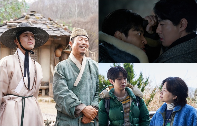 세 작품 모두 배우들의 호연이 가장 큰 무기다. (왼쪽)‘왕과 사는 남자’ 박지훈(왼쪽)과 유해진, (오른쪽 위)‘휴민트’ 박정민(왼쪽)과 조인성, ‘넘버원’ 최우식(왼쪽)과 장혜진. / 쇼박스, NEW, 바이포엠스튜디오