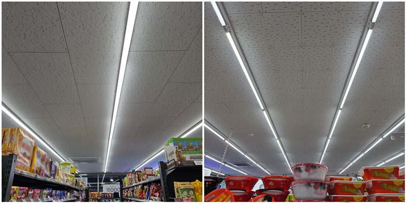 KCC가 GS리테일과 계약을 맺고 편의점 GS25 매장 천장재로 ‘대규격 석고텍스 PLUS’를 공급한다. 사진은 GS25 매장에 적용된 대규격 석고텍스 PLUS 천장재(좌)와 기존 적용 천장재(우) 비교 이미지. / KCC