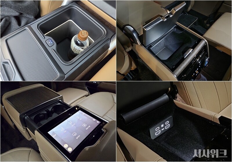 랜드로버 레인지로버 LWB P530 오토바이오그래피 5인승 모델 주요 수납공간. 1열 암레스트 내부 콘솔박스는 냉장기능을 지원하며, 500ml의 음료 페트병도 세워서 보관이 가능하다.  2열 암레스트 수납공간에는 C타입 및 HDMI 잭이 설치돼 있어 태블릿이나 노트북 충전부터 영상을 1열 뒤에 설치된 모니터를 통해 송출할 수도 있다. / 제갈민 기자