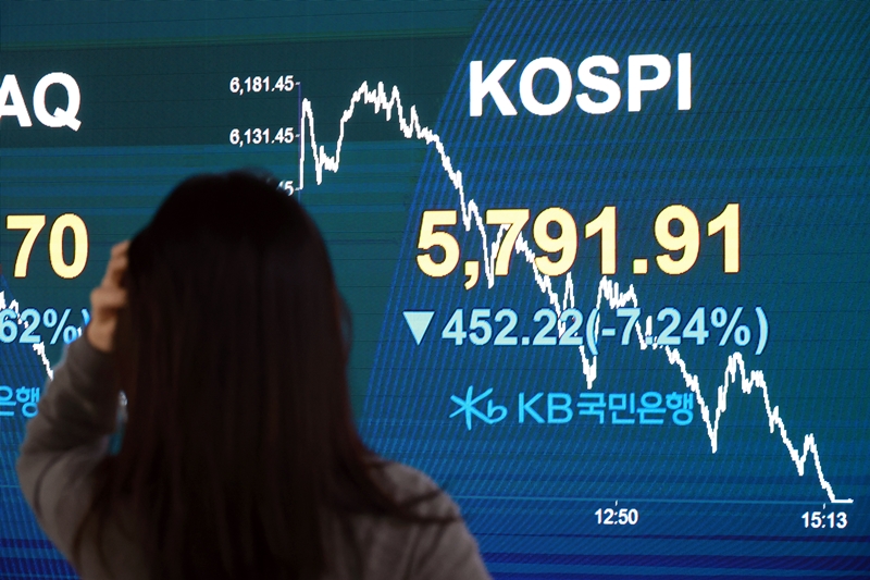 국내 증시가 3일 미국과 이란 전쟁 악재로 크게 흔들렸다. 사진은 이날 국민은행 딜링룸. / 뉴시스