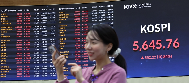 코스피는 전 거래일 대비 157.38포인트(3.09%) 상승한 5,250.92에 출발해 장 초반 11%대 상승률을 보이고 있다.  사진은 이날 서울 여의도 한국거래소에서 시세창이 보이고 있는 모습. / 뉴시스