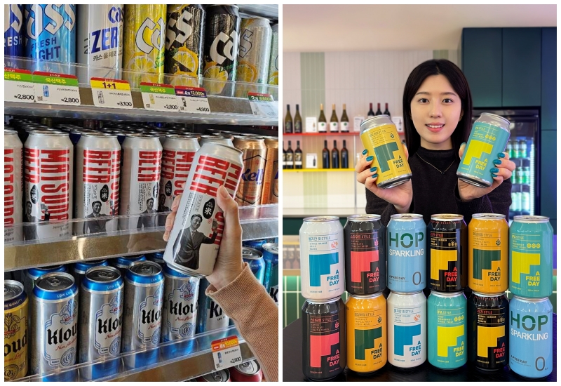 편의점 CU는 유튜버 ‘마츠다 부장’과 손잡고 재패니즈 스타일 라거 ‘마츠다 비어 캔맥주’를 선보인다. GS25는 주류 스마트오더·픽업 서비스 ‘와인25플러스’를 통해 프리미엄 논알코올 맥주 ‘어프리데이’를 업계 단독 출시한다. / CU, GS25