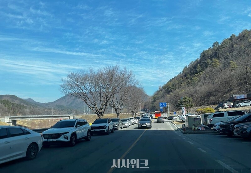 낮시간대로 갈수록 방문객들이 더 늘어나며 청령포 인근 도로변까지 주차된 차량이 늘어섰다. / 권정두 기자