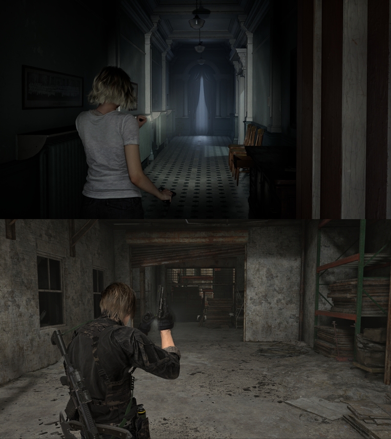 이번 바이오하자드9: 레퀴엠은 그레이스 애쉬크로프트(위쪽)와 레온 S.케네디(아래쪽) 두명의 주인공으로 플레이가 진행된다. 전자는 변변찮은 무장으로 공포감을 극대화시키고 후자는 강력한 무장으로 좀비와 적들을 쓸어버리는 쾌감을 준다. / 실제 플레이 장면 캡처 