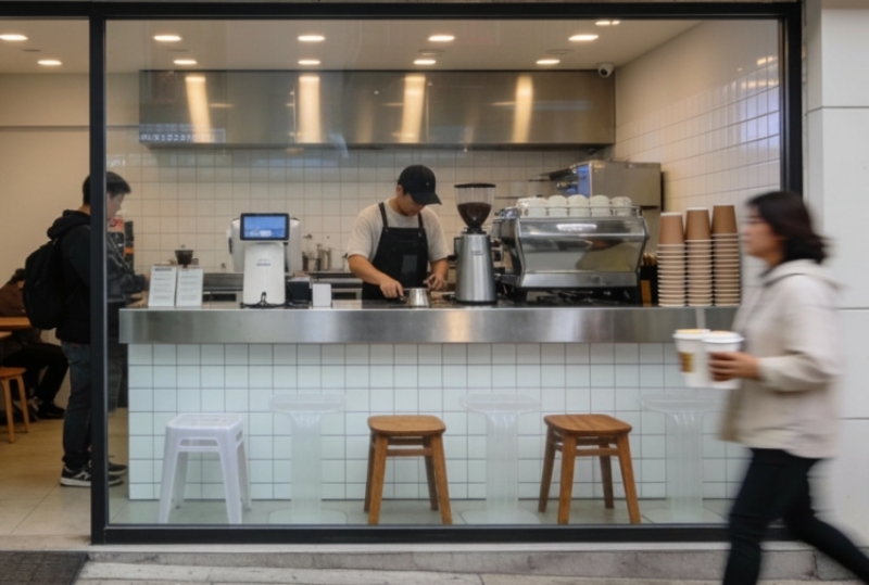 저가 커피의 성공은 초기 ‘테이크아웃(take-out) 전문 소형 매장’이라는 특성이 팬데믹 시기와 맞물려 가능했다. 팬데믹도 사라진 지금, 매장 면적까지 넓혀가고 있는 저가커피는 언제까지 성장할 수 있을까. / 생성형 AI로 제작한 이미지