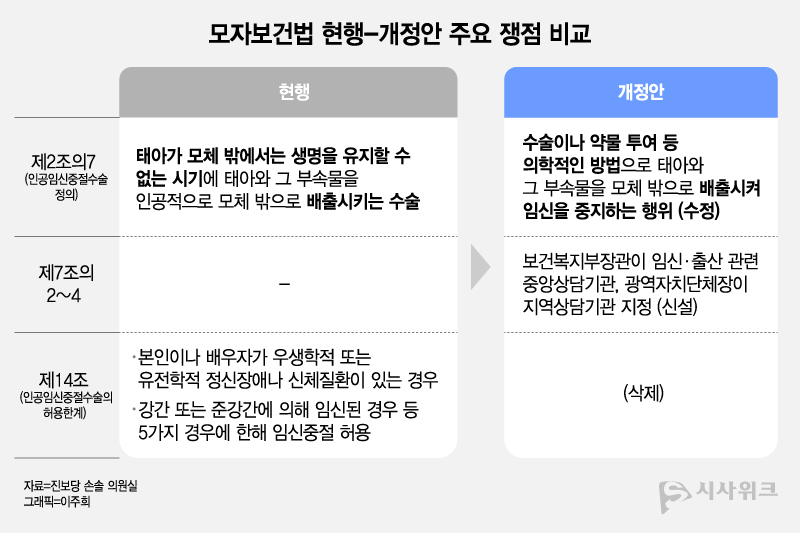 손 의원은 개정안에 △‘인공임신중절’ 용어를 ‘인공임신중지’로 변경 △임신중절 허용 한계 조항 삭제 △약물 투여 등을 통한 임신중절 허용 등의 내용을 담았다. 사진은 현행 모자보건법과  개정안 비교. / 그래픽=이주희 기자