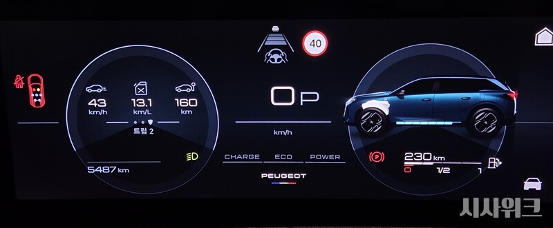 신형 푸조 5008 모델은 하이브리드(HEV) 파워트레인을 탑재했다. 시승 간 연비는 13㎞/ℓ 내외 정도를 기록했다. / 사진=제갈민 기자