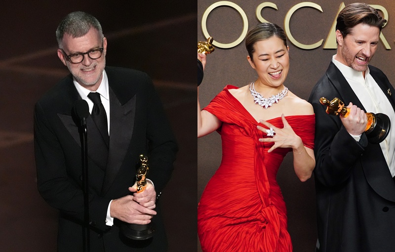 오스카를 휩쓴 폴 토머스 앤더슨 감독(왼쪽)과 매기 강 감독. / AP 뉴시스