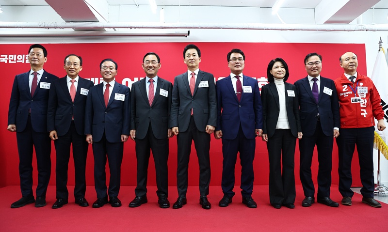 국민의힘 대구시장 예비후보들이 지난 10일 오전 서울 여의도 국민의힘 중앙당사에서 열린 지방선거 광역단체장 및 중앙당 관할 기초단체자 후보자 면접에서 기념촬영하고 있다. 왼쪽부터 최은석 의원, 추경호 의원, 윤재옥 의원, 주호영 의원, 유영하 의원, 이재만 전 대구 동구청장, 이진숙 전 방송통신위원장, 홍석준 전 의원, 김한구 전 현대차 노조 대의원. / 뉴시스