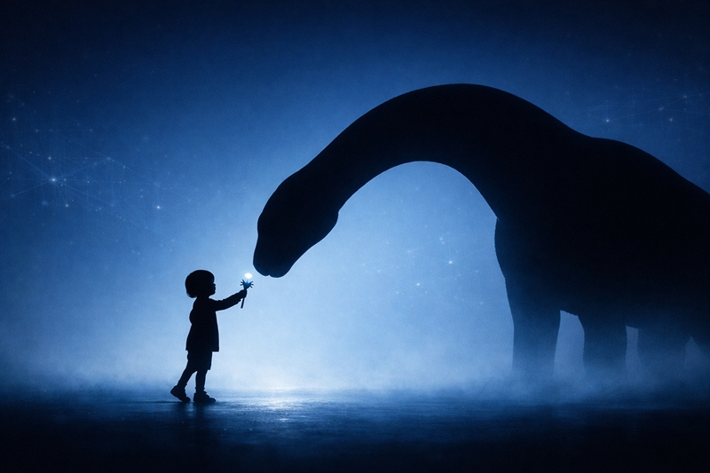 아이들은 공룡을 좋아한다. 이는 단순 거대한 생물이라 아이들이 흥미를 느끼는 것은 아니다. 그 이유는 사실 여러가지 이유가 복합적으로 작용한다는 것이 전문가들의 설명이다. / 생성형 AI로 제작한 이미지