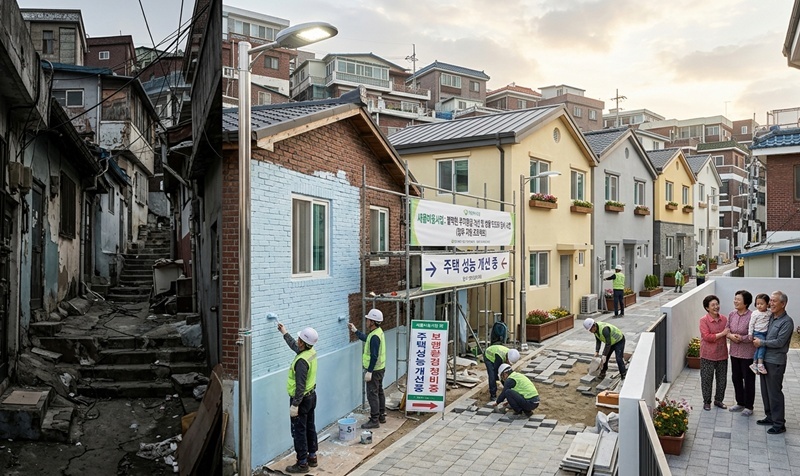 도시 속 낡은 주택과 열악한 생활환경을 개선하기 위한 ‘새뜰마을사업’이 민관 협력형 주거복지 모델로 자리 잡고 있다. / 생성형 AI로 제작한 이미지 