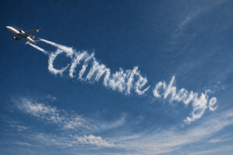 비행기 뒤로 생기는 흰 구름 띠, ‘비행운(飛行雲, Contrail)’은 낭만적이지만  온실가스 이상의 기후변화 주범 중 하나로 지목된다. / 생성형 AI로 제작한 이미지