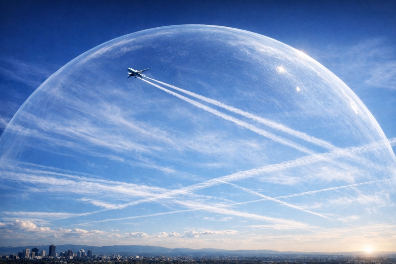 스티븐 킹의 소설 ‘언더 더 돔(Under the dome)’처럼 지구가 투명한 돔으로 덮이고 있다. 하늘 위 비행기가 만드는 ‘비행운(飛行雲, Contrail)’ 때문이다. 물론 소설과는 다르지만 ‘기후변화’라는 재난을 부르고 있다. / 생성형 AI로 제작한 이미지