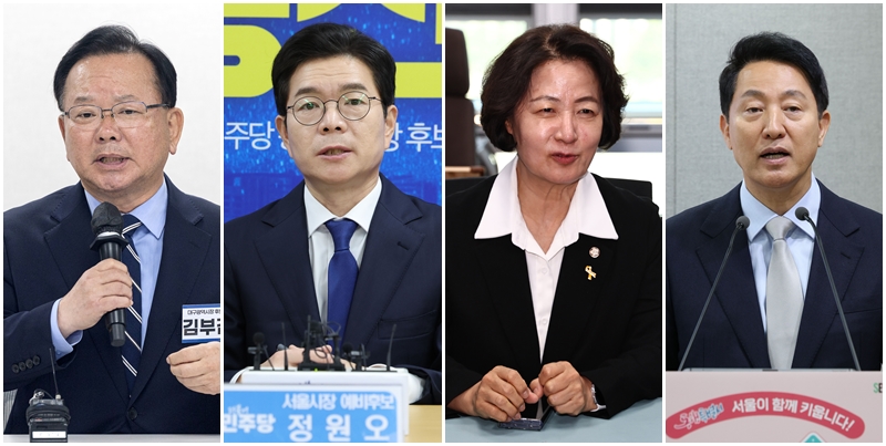 이번 6·3 지방선거엔 여야의 중량감 있는 정치인이 대거 출마했다. 왼쪽 사진부터 김부겸 더불어민주당 대구시장 후보, 정원오 민주당 서울시장 후보, 추미애 민주당 경기지사 후보, 국민의힘 소속 오세훈 서울시장의 모습. / 뉴시스