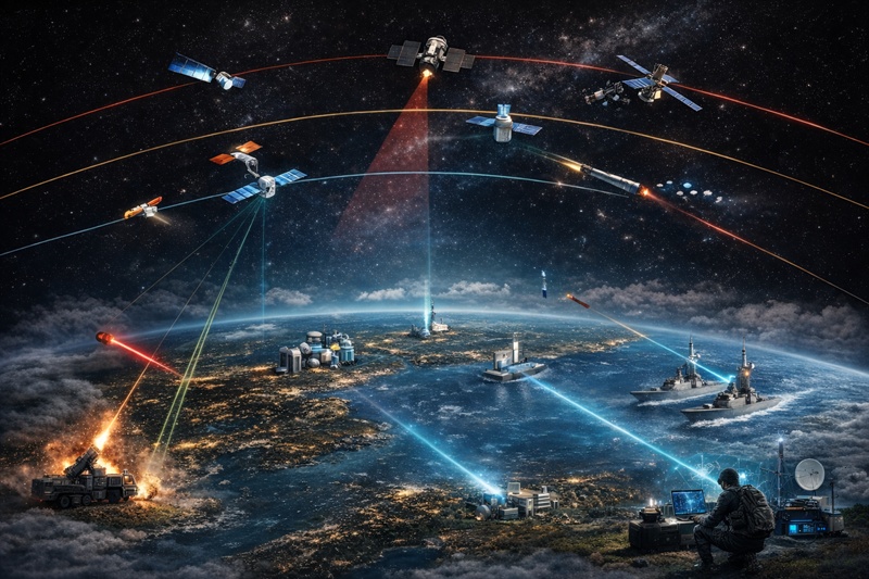 위성 통신·정찰 체계가 군사작전의 기반으로 자리 잡으면서 우주가 새로운 전장으로 부상했지만, 이를 판단하고 대응할 법적 기준과 제도는 아직 마련되지 않은 상황이다. / 생성형 AI가 제작한 이미지