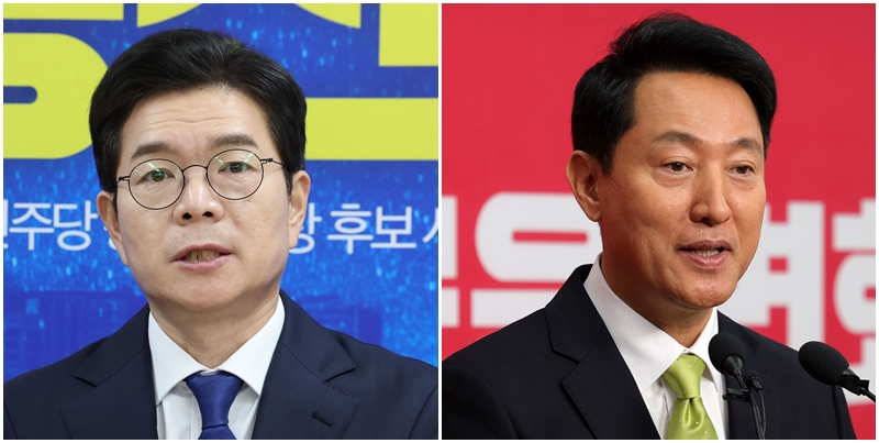‘6·3 지방선거’ 최대 격전지로 꼽히는 서울시장을 둘러싼 여야의 쟁탈전이 본격적으로 막이 올랐다. 더불어민주당은 정원오 전 성동구청장을, 국민의힘은 오세훈 현 서울시장을 후보로 내세웠다. 왼쪽 사진은 정 전 구청장의 모습이고, 오른쪽 사진은 오 시장의 모습. / 뉴시스