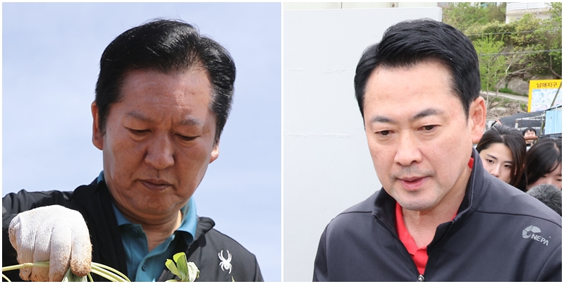 ‘6·3 지방선거’ 지원에 나선 여야 대표의 상황이 극명하게 대비되는 모습이다. 왼쪽 사진은 정청래 더불어민주당 대표의 모습이고, 오른쪽 사진은 장동혁 국민의힘 대표의 모습. / 뉴시스