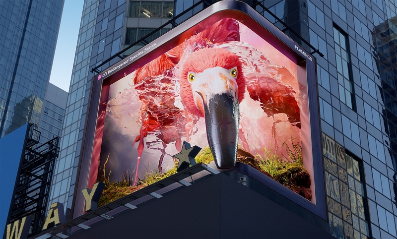 최근 ‘ESG 경영’에 집중하는 국내 기업들이 멸종위기종 보호 관련 활동을 늘리고 있다. 사진은 LG전자가 24일  미국 뉴욕 타임스스퀘어 전광판에 선보인 플라밍고 보호 캠페인 영상. / LG전자