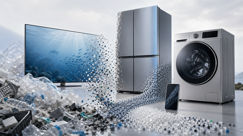 환경적·경제적 문제로 플라스틱 저감 필요성이 커지면서 ‘ESG 경영’을 강조하는 국내 주요 기업들도 전략 마련에 속도를 내고 있다. 특히 삼성전자와 LG전자를 주축으로 한 핵심 가전기업들의 움직임이 눈에 띈다. / 생성형 AI로 제작한 이미지