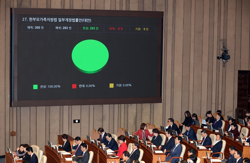 지난달 국회에선 한부모 가정 지원을 위한 ‘양육비 이행확보 및 지원에 관한 법률’ 개정안이 본회의를 통과했고, 최근엔 한부모 가정의 근로장려금·자녀장려금 지원을 확대하는 법안이 발의되기도 했다. 사진은 지난 2024년 11월 14일 본회의에서 한부모가족지원법 일부개정법률안이 가결되고 있는 모습. / 뉴시스