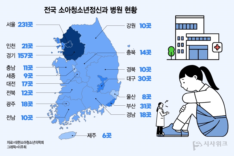 대한소아청소년정신의학회 홈페이지에 공개된 의료기관 정보에 따르면, 국내 소아청소년정신과 병원은 수도권에 집중돼 있는 것으로 나타났다. / 그래픽=이주희 디자이너