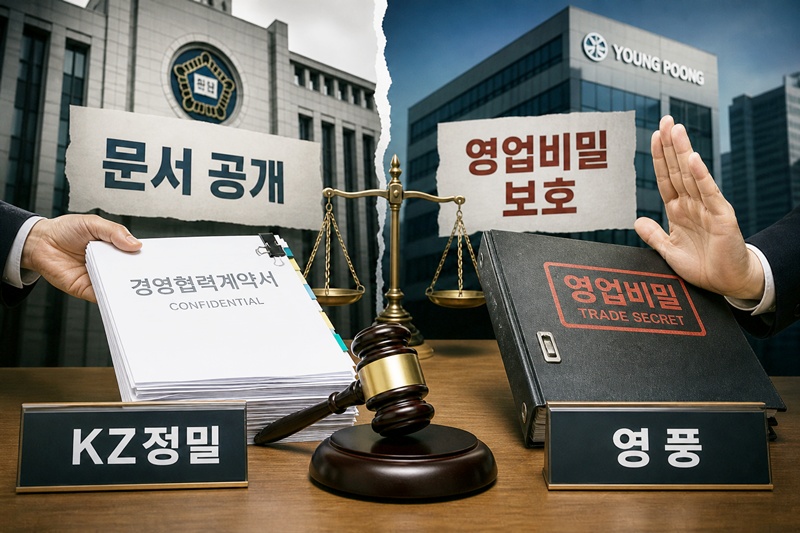 고려아연 경영권 분쟁 과정에서 최윤범 회장 측 우호 세력으로 분류되는 KZ정밀은 영풍·MBK 측 경영협력계약 공개를 요구하고 있다. 법원은 주주대표소송에서는 계약 확인 필요성을 인정했지만, 별도 사건에서는 영업비밀과 경영상 중요 정보 보호 필요성을 고려해 문서 제출 요구를 받아들이지 않았다. / 생성형 AI로 제작한 이미지
