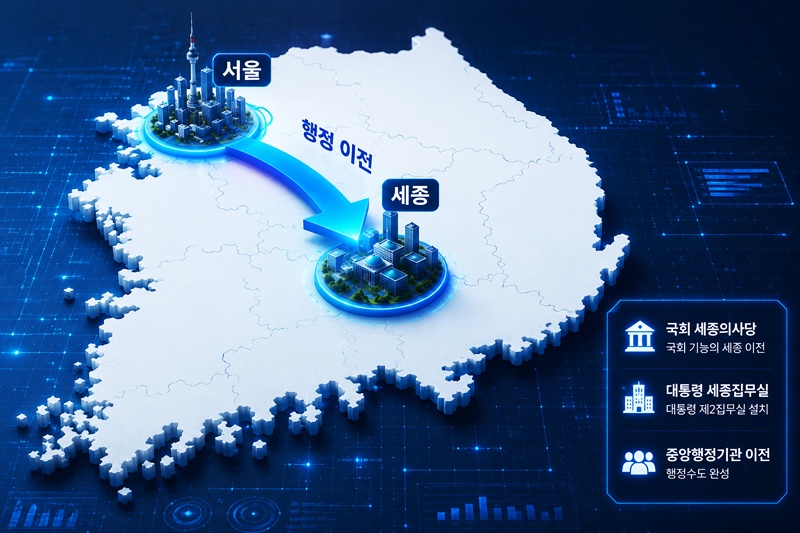 22년 전 헌법재판소의 위헌 결정으로 중단됐던 행정수도 논의가 다시 국회에서 본격화되고 있다. 정치권은 세종시를 법적 행정수도로 규정하는 특별법 제정을 추진하며 국회·대통령실 기능 이전 논의에 속도를 내고 있다. / 생성형 AI로 제작한 이미지