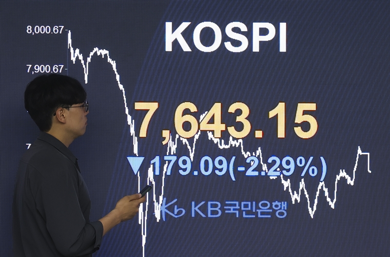 12일 코스피지수는 전장보다 179.09 포인트(2.29%) 하락한 7,643.15로 거래를 마감했다. 사진은 이날 KB국민은행 딜링룸. / 뉴시스