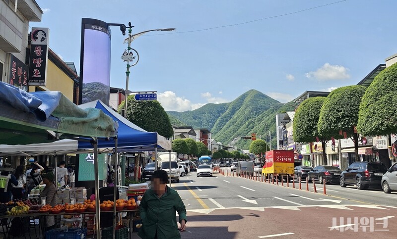 충북 단양군 단양읍 도전리에 위치한 단양구경시장 앞 도로의 모습. / 전두성 기자