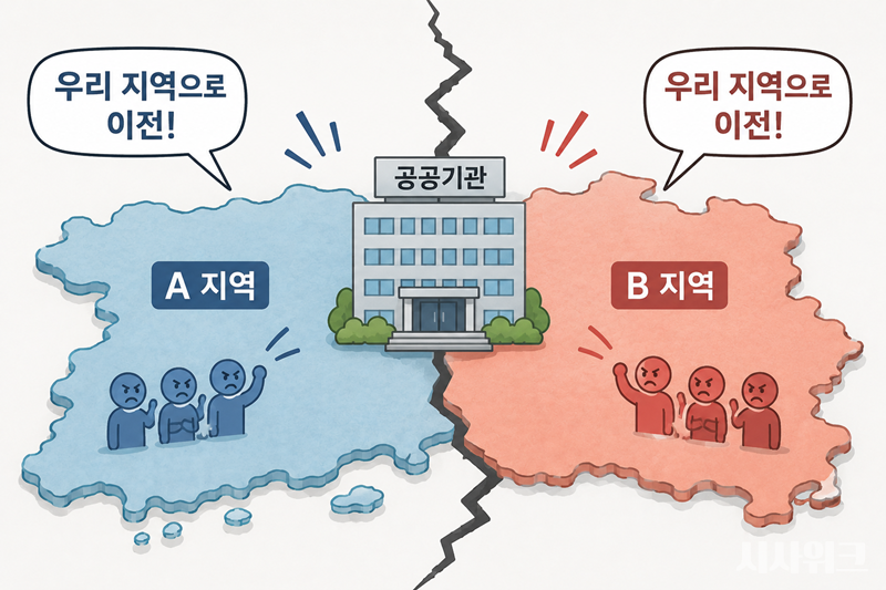 이번 6·3 지방선거를 앞두고 공공기관 이전이 화두로 떠올랐다. 정부가 추진하는 공공기관 2차 이전 논의와 맞물려 다수 지역 지자체장들이 이를 적극적으로 부각하면서다. 공공기관 이전을 둘러싼 지역 간 경쟁과 갈등의 불씨가 다시금 피어나고 있다, / 생성형 AI로 제작한 이미지