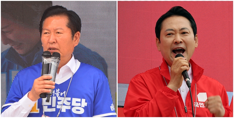 ‘6·3 지방선거’가 하루 앞으로 다가온 가운데, 정청래 더불어민주당 대표와 장동혁 국민의힘 대표 모두 ‘충청 공략’에 집중한 것으로 드러났다. 왼쪽 사진은 정 대표가 지난 1일 충북 괴산군을 찾아 거리 유세를 하고 있는 모습이고, 오른쪽 사진은 장 대표가 지난달 29일 세종시 조치원역 광장에서 유권자를 향해 한표를 호소하고 있는 모습. / 뉴시스