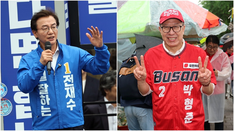 6·3지방선거를 하루 앞둔 2일, 부산시장 선거에 출마한 더불어민주당 전재수(왼쪽) 후보와 국민의힘 박형준(오른쪽) 후보 간 공방이 극으로 치닫고 있다. / 뉴시스