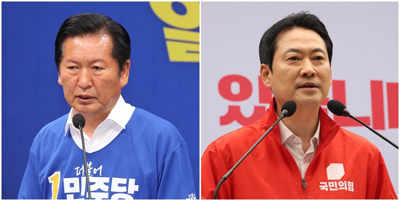 이번 ‘6·3 지방선거’ 특정 지역 결과가 정청래 더불어민주당 대표와 장동혁 국민의힘 대표의 리더십과 직결돼 있다는 전망이 나온다. 왼쪽 사진은 정 대표의 모습이고, 오르쪽 사진은 장 대표의 모습. / 뉴시스
