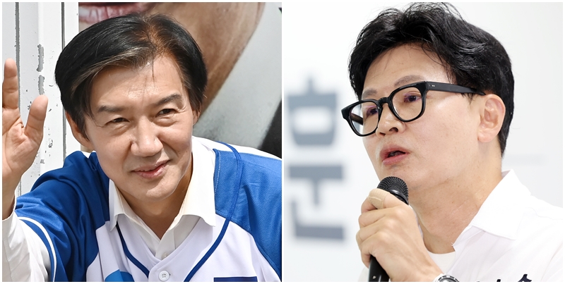 ‘6·3 지방선거’가 하루 앞으로 다가온 가운데 대권 잠룡들의 선거 결과에 대해선, 부산 북갑 국회의원 보궐선거에 출마한 한동훈 후보와 경기 평택을 국회의원 재선거에 출마한 조국 조국혁신당 후보의 ‘원내 입성’ 여부가 관심사다. 왼쪽 사진은 조 후보의 모습이고, 오른쪽 사진은 한 후보의 모습. / 뉴시스