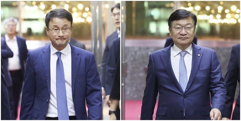 국회 법사위원장 자리를 두고 여야의 원 구성 협상이 난항을 겪는 가운데, 더불어민주당이 ‘상임위 독식’ 카드를 꺼내며 국민의힘을 향한 고강도 압박에 나섰다. 이에 국민의힘은 “협박하는 건가”라며 강하게 반발했다. 왼쪽 사진은 한병도 민주당 대표 직무대행 겸 원내대표가 지난 24일 국회에서 국회의장 주재 여야 교섭단체 원내대표 회동을 하기 위해 의장실로 들어서고 있는 모습이고, 오른쪽 사진은 정점식 국민의힘 원내대표가 같은 날 의장실로 들어서고 있는 모습. / 뉴시스