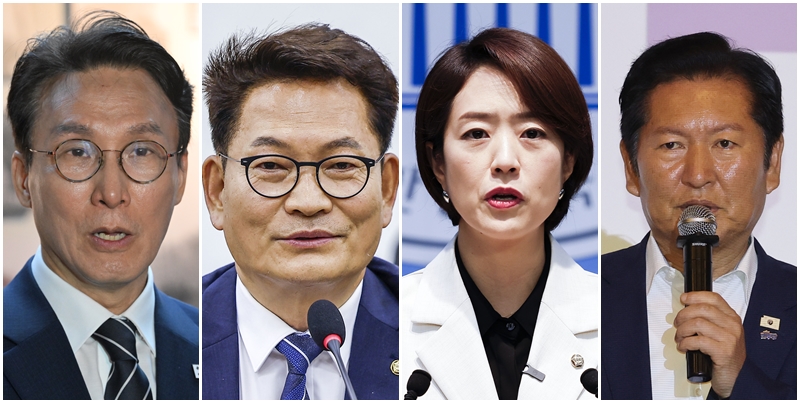 김민석 전 국무총리가 더불어민주당 당 대표 선거에 출마한 데 이어 송영길·고민정 의원도 8일 출마를 선언했다. 여기에 정청래 전 대표의 출마 가능성도 높은 상황이라, 민주당 당권 경쟁은 ‘4파전’ 양상으로 흐르고 있다. 왼쪽부터 김 전 총리, 송 의원, 고 의원, 정 전 대표의 모습. / 뉴시스