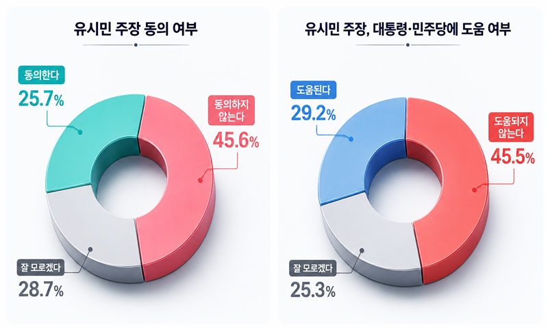 유시민 작가의 발언이 이재명 대통령과 더불어민주당에 도움이 되지 않는다는 응답이 45.5%로, 도움이 된다는 응답(29.2%)보다 높게 나타났다. / 생성형 AI로 제작한 이미지