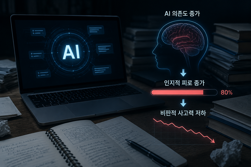 AI의 지나친 사용은 학습 성과, 사고력, 연구 능력을 크게 저하시킨다. 특히 전문가들은 AI에 대한 학습 의존도가 높아질 경우, 비판적 사고 능력이 떨어질 수 있다고 지적한다. / 생성형 AI로 제작한 이미지