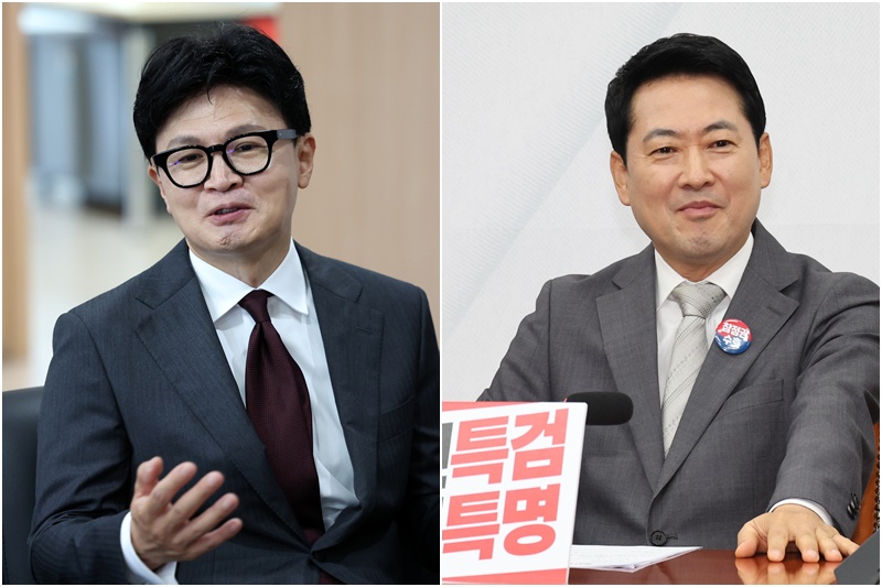 한동훈(좌) 무소속 의원은 오세훈 서울시장 판결의 증언 신빙성과 논리적 비약을 문제 삼은 반면, 장동혁(우) 국민의힘 대표는 이재명 대통령 재판과 야당 탄압을 앞세워 판결을 비판했다. / 뉴시스