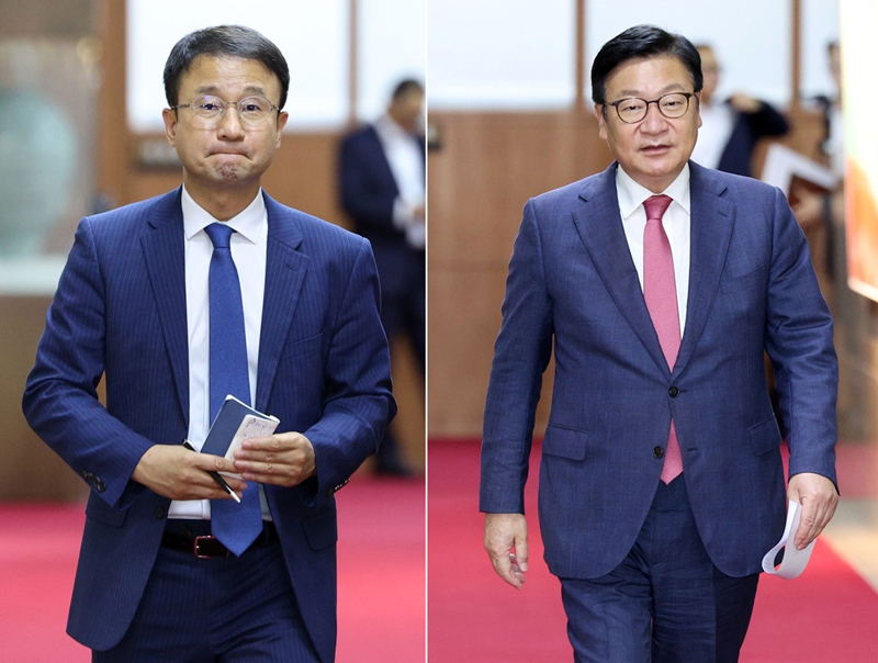 제20대 대선 당시 허위사실을 공표한 혐의로 기소된 윤석열 전 대통령이 1심에서 징역형의 집행유예를 선고받은 받자, 더불어민주당은 국민의힘을 향해 “397억원의 선거비용 반환에 나서야 한다”며 공세 수위를 높였고, 국민의힘도 “이재명 대통령 재판도 신속히 재개해 결론을 내야 한다”고 맞받았다. 사진은 한병도(왼쪽) 민주당 대표 직무대행 겸 원내대표와 정점식 국민의힘 원내대표의 모습. / 뉴시스