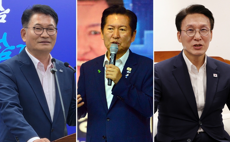 더불어민주당 송영길(왼쪽부터), 정청래, 김민석 당대표 후보가 지난 27일 충남도청, 충북 청주시도시재생허브센터, 세종시청에서 일정을 하고 있다. / 뉴시스
