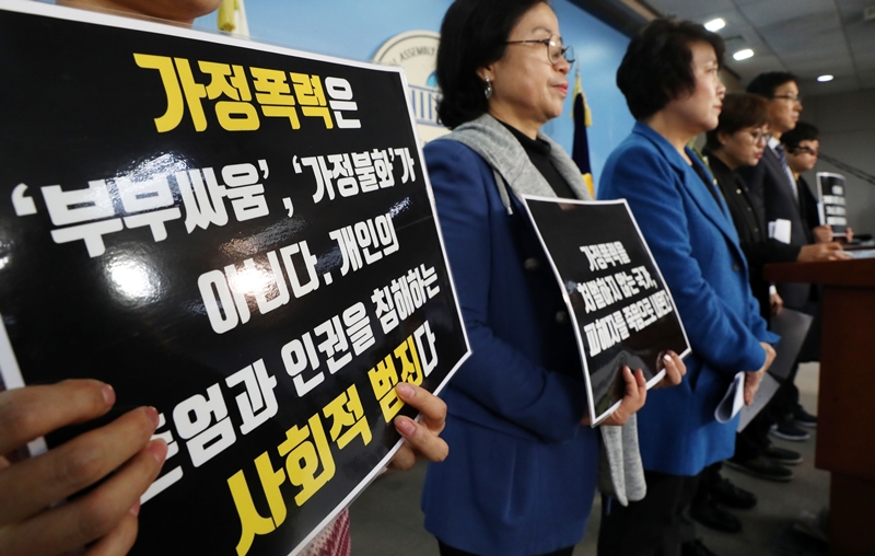 한국여성의전화 송란희 대표는 "가정폭력을 개인의 문제로 보는 인식이 확산될수록 주변에서 신고하거나 개입하려는 움직임이 줄어들 수 있다"고 우려했다. 사진은 지난 2018년 국회에서 진행된 '가정폭력처벌법' 개정 촉구 기자회견 모습이다. / 뉴시스