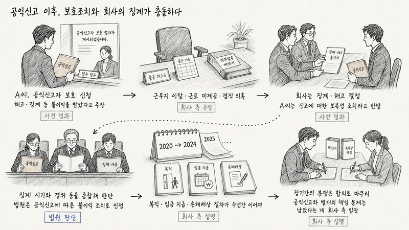 회사 측은 근무 태도와 복무상 문제를 이유로 한 징계였다고 주장했지만, 법원은 공익신고 이후 이뤄진 해고와 급여 삭감 등을 공익신고에 따른 불이익조치로 판단했다. / 생성형 AI로 제작한 이미지