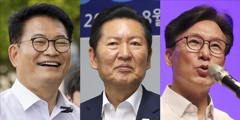 더불어민주당 ‘8·17 전당대회’ 당권 주자들이 ‘호남 표심 잡기’에 집중하고 있다. 사진은 왼쪽부터 송영길, 정청래, 김민석 당 대표 후보의 모습. / 뉴시스