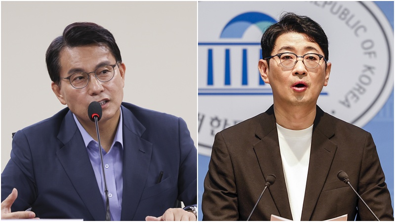 국민의힘 내부에서 부정선거를 둘러싼 공방이 거세지고 있다. 윤상현 국민의힘 의원(왼쪽)은 지난 7일 간담회에서 “(선관위의) 투표율 허위 입력을 득표수 조작이라고 하는 건 논리적 비약이며 선동”이라고 말했다. 이에 주진우 국민의힘 의원(오른쪽)은 9일 “투표자 수도 이렇게 고의 조작될 것이라 상상도 못 했는데, 다른 부정과 불법이 없었다고 누가 무슨 권리로 단정하나”고 맞받았다. / 뉴시스