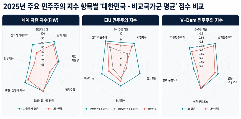 한국의 2025년 민주주의 수준을 세계자유지수(FIW), EIU 민주주의지수, V-Dem 민주주의지수의 세부 항목별로 비교국가군 평균과 대조한 결과. 빨간색은 대한민국, 청록색과 회색은 각 비교국가군 평균을 나타낸다. / 자료=국회입법조사처, 생성형 AI로 제작한 이미지