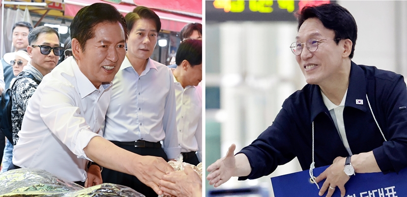 더불어민주당 차기 당 대표의 최대 과제가 ‘통합’이라는 말이 나오는 가운데, 정치권에선 선호투표제가 전당대회 후 통합 과정에서 변수가 될 수 있다는 전망이 나온다. 사진은 정청래(왼쪽), 김민석 당 대표 후보가 14일 경기 성남시 모란시장, 서울 성동구 왕십리역에서 시민들과 인사하고 있는 모습 ./ 뉴시스