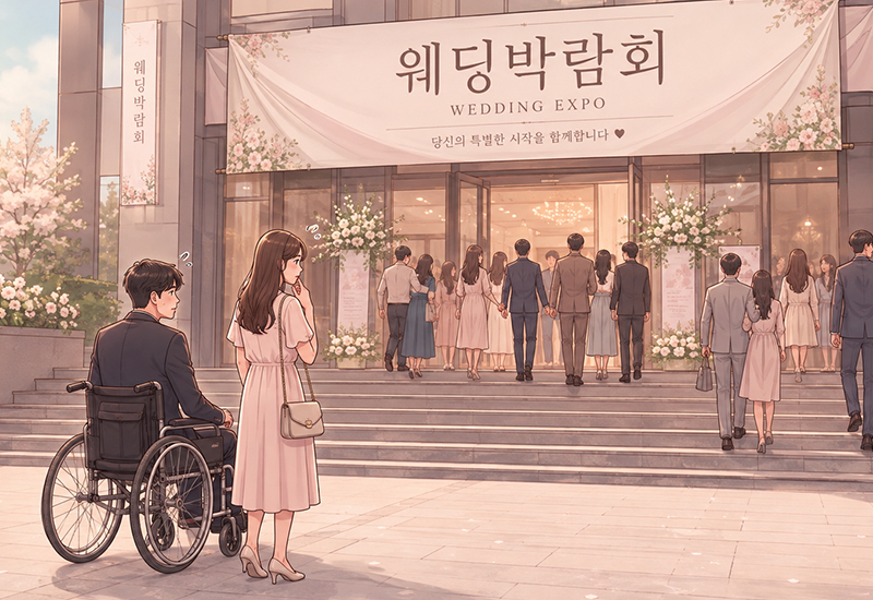 웨딩박람회 여러 장점을 지니고 있어 예비부부들이 한 번쯤 꼭 찾는 곳이지만 장애인에게 친화적인 환경은 아니다. / 생성형AI로 제작한 이미지