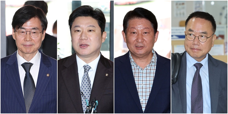 윤리위는 20일 보도자료를 통해 조경태(왼쪽부터)·진종오·권영진·서범수 의원에 대한 징계 처분 결정을 공개했다. 4명 모두 당원권 정지 처분을 받았다. 조 의원은 당원권 정지 2년 6개월, 진 의원은 2년, 권 의원은 1년 6개월, 서 의원은 10개월이다.  / 뉴시스